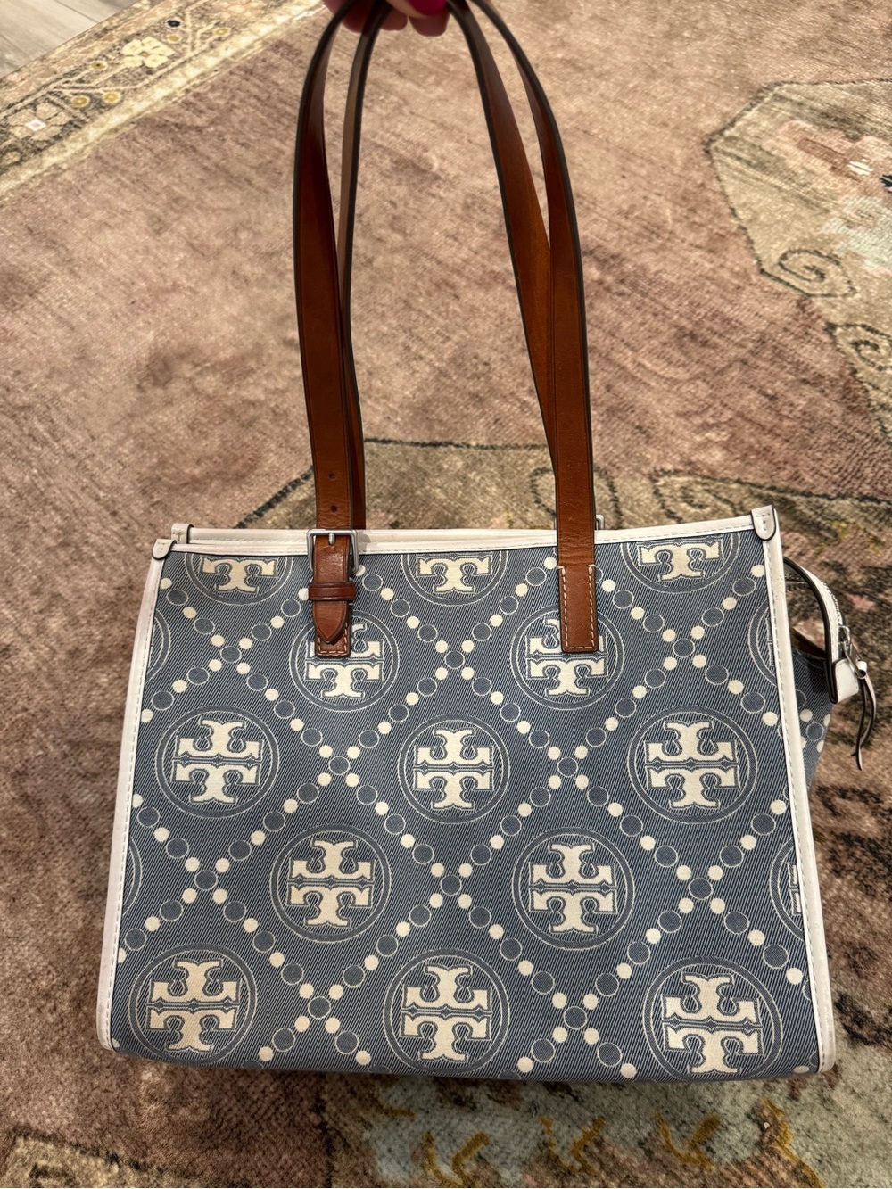 Tory Burch Denim Canvas Logo-Print Tote with Brown Leather Straps